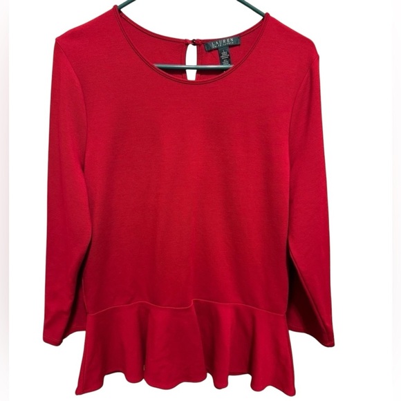 Lauren Ralph Lauren Red Long Sleeve Shirt Ruffle Sz L - Picture 1 of 9